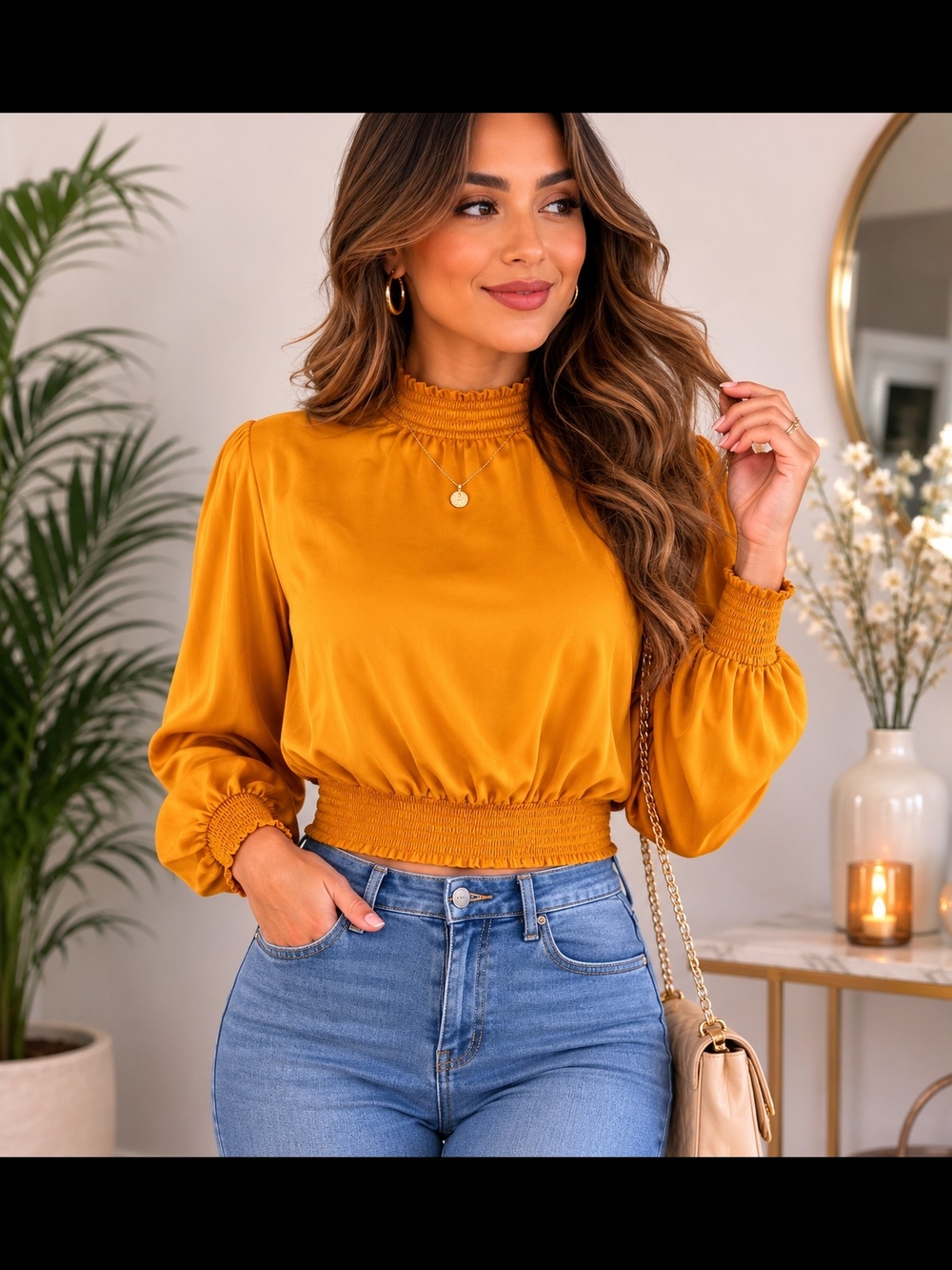 Forever 21 Golden Mustard Smocked Waist & Cuff Long Sleeve Top